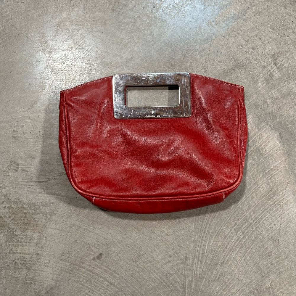 Christopher Kon Canadian Designer Red Leather Clutch with Heavy Metal Handle - Picture 1 of 13